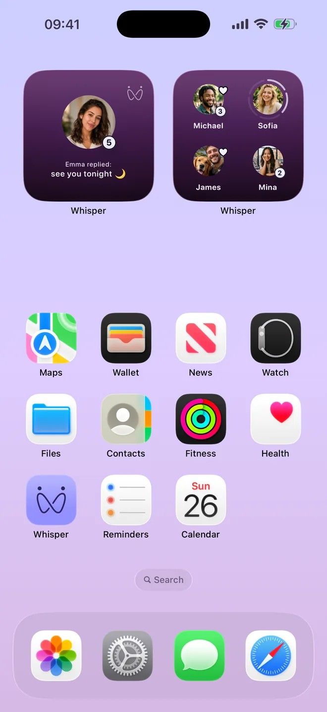 An iPhone Home Screen with two Whisper widgets: one showing a reply from Emma, the other four people in a grid.